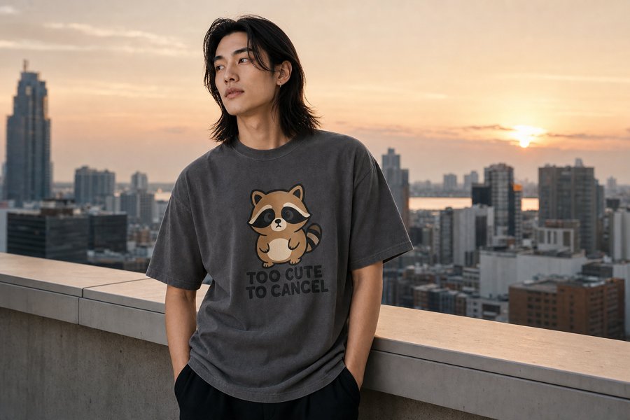 Waiting for the sun to dip below the skyline with a Jimothy tee that says 'TOO CUTE TO CANCEL'.