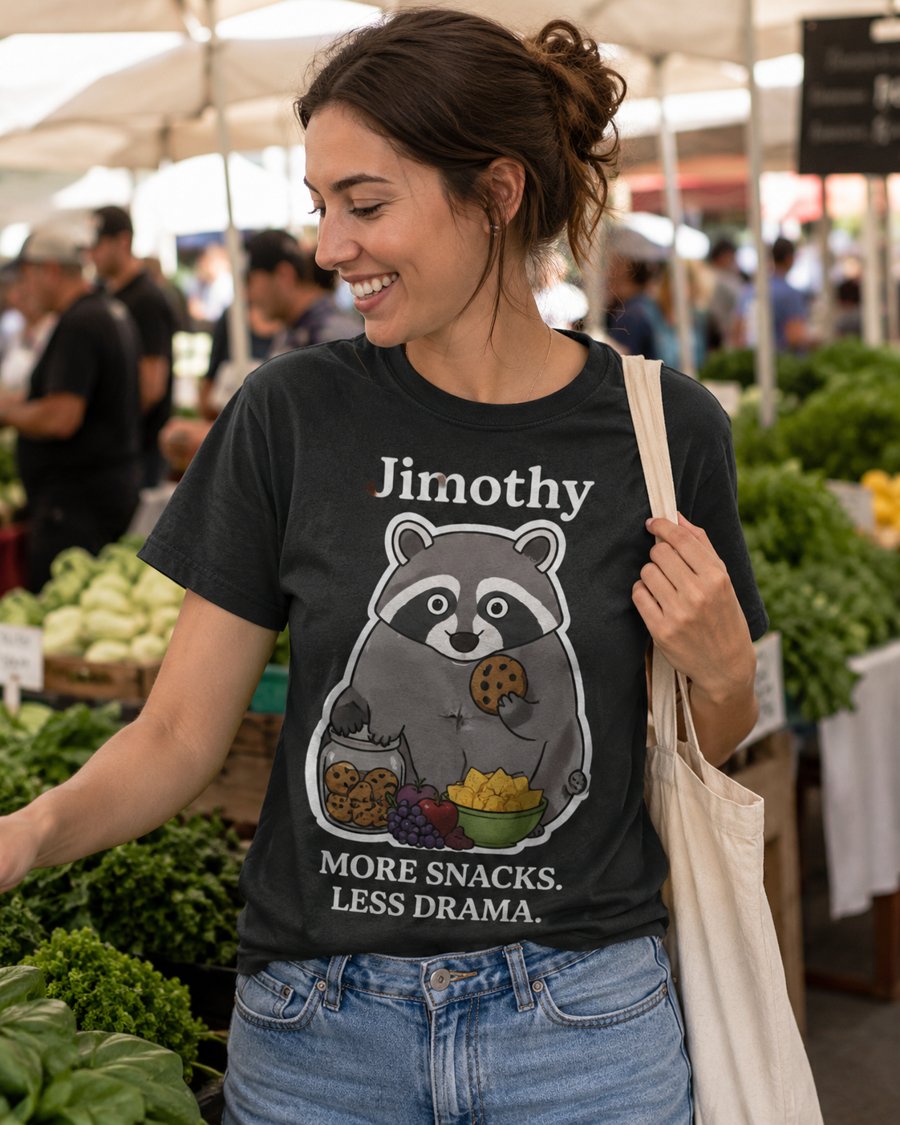 Wearing a Jimothy tee featuring 'MORE SNACKS. LESS DRAMA.' to the grocery store.