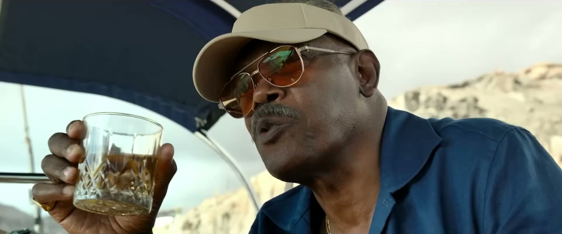 Samuel L. Jackson in Just Play Dead — the visor is giving main character energy