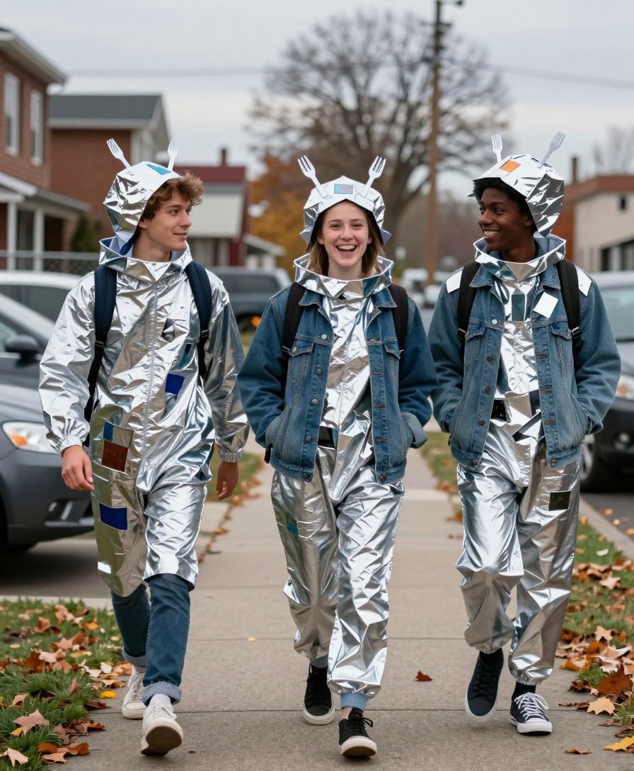 silver foil wrap and fork hats for halloween