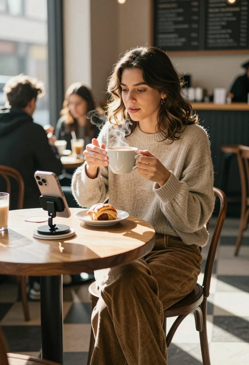 The ultimate cozy coffee date outfit.