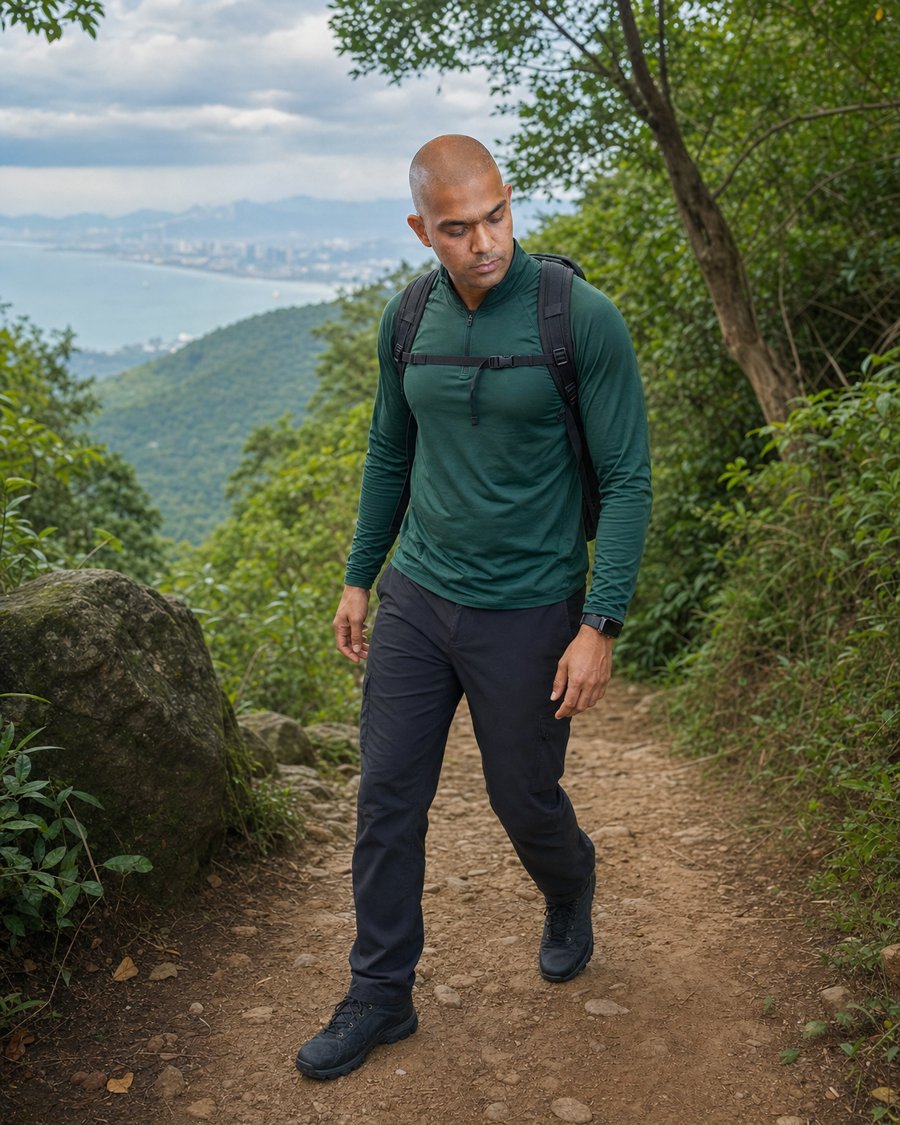 A wide-brim hat would shade his face perfectly on this trail.