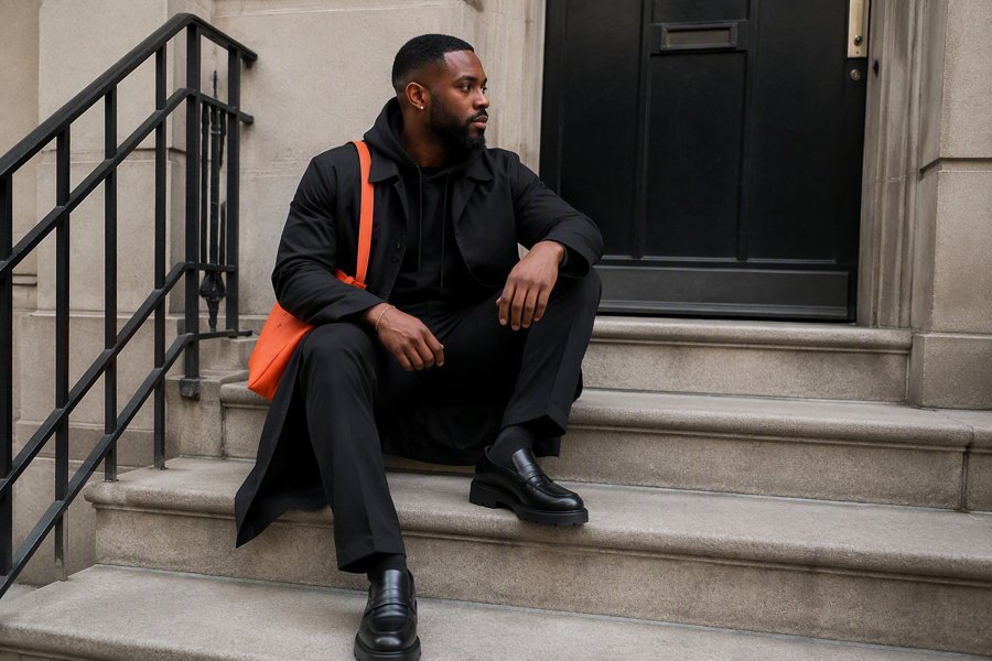 The orange bag is the main event, the coat is background.