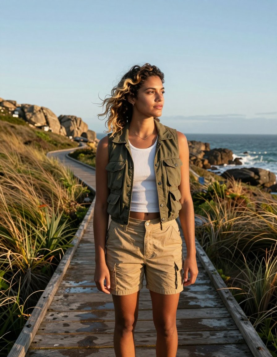 The perfect transitional vest outfit for coastal walks.