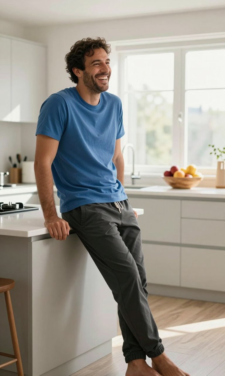 bright blue shirt versus those dark grey pants