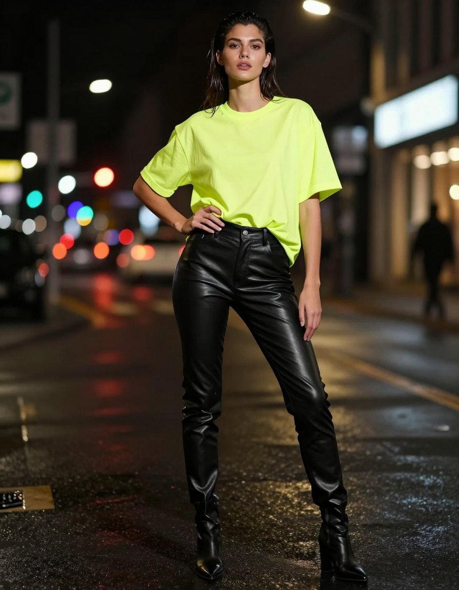 neon yellow + leather pants is the perfect back to school fit