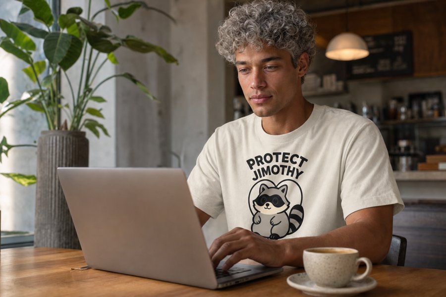 "PROTECT JIMOTHY" pops so hard on this creamy white tee.