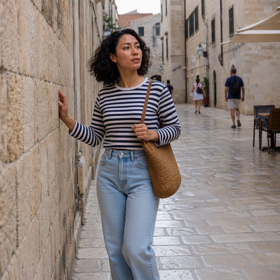 Basic striped shirt and jeans, surprisingly functional for walking.