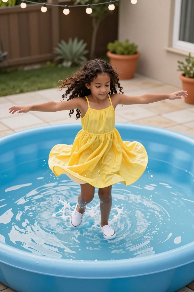 Yellow dress ready for the splash. Jeans would chafe for sure.