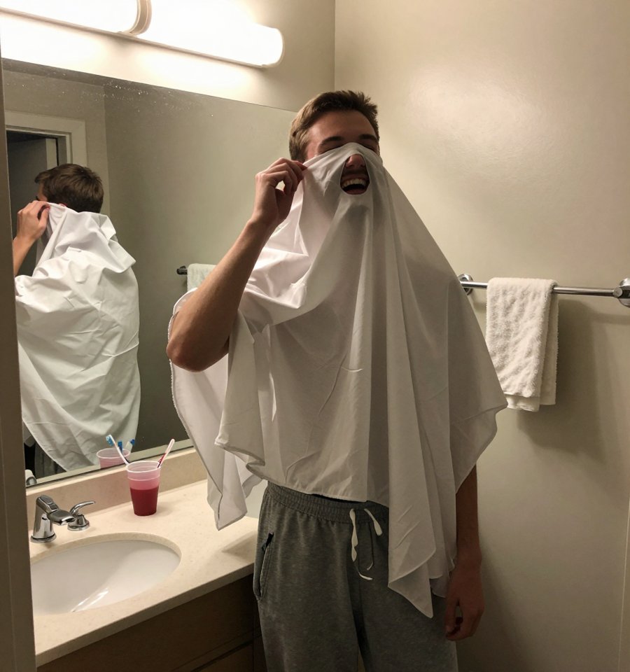 Halloween ghost costume with a white sheet and grey sweatpants