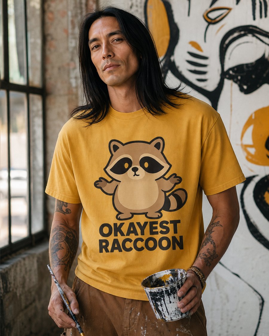Jimothy drawing his own likeness on this tee, labeled 'OKAYEST RACCOON'