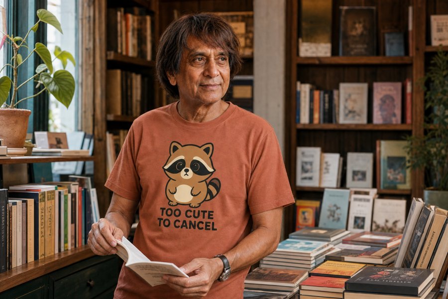 Jimothy's 'too cute to cancel' pose is adorable on this rust tee