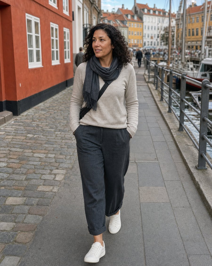 the grey scarf grounds the whole beige sweater look