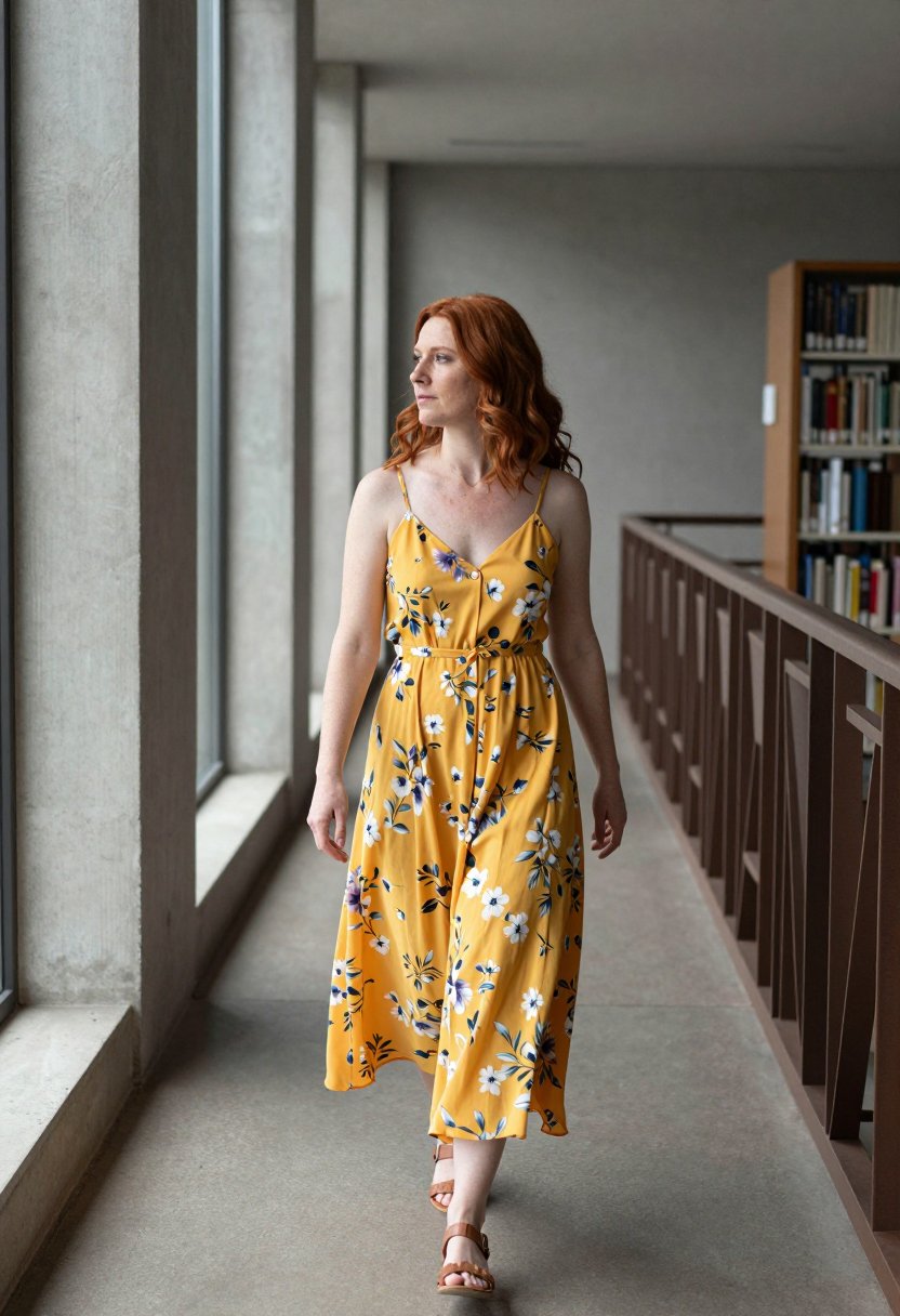 Mustard floral midi dress outfit ideas