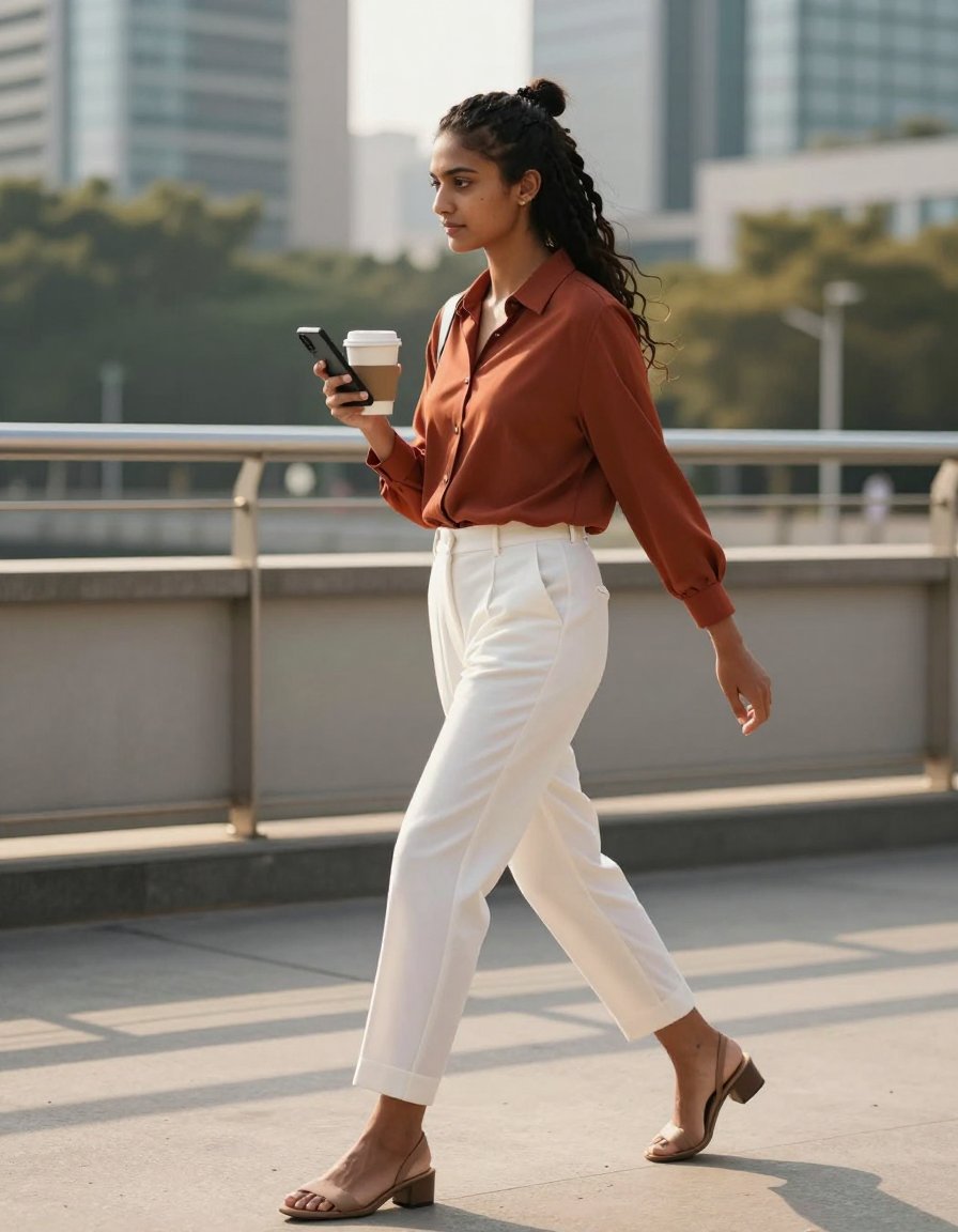 The Rust Blouse & White Trousers Combo You’ll Wear Everywhere