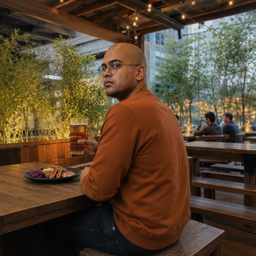 The rust sweater is carrying this entire vibe on its back.