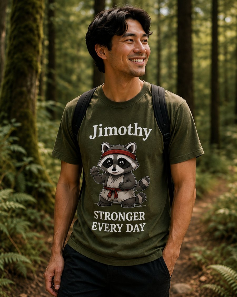this sage green tee perfectly complements jimothy's STRONGER EVERY DAY print.