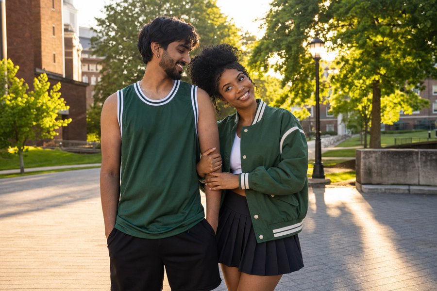 taking our matching green fits to the campus quad