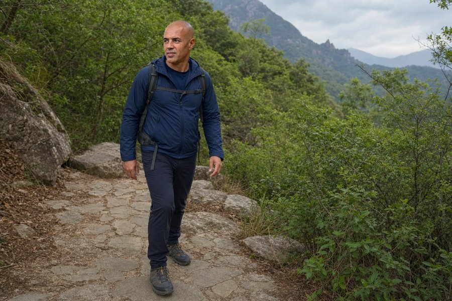 navy jacket popping against the green forest