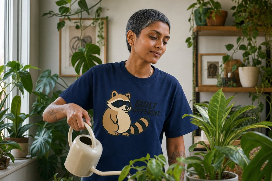Jimothy 'BUILT DIFFERENT' tee for the morning plant water