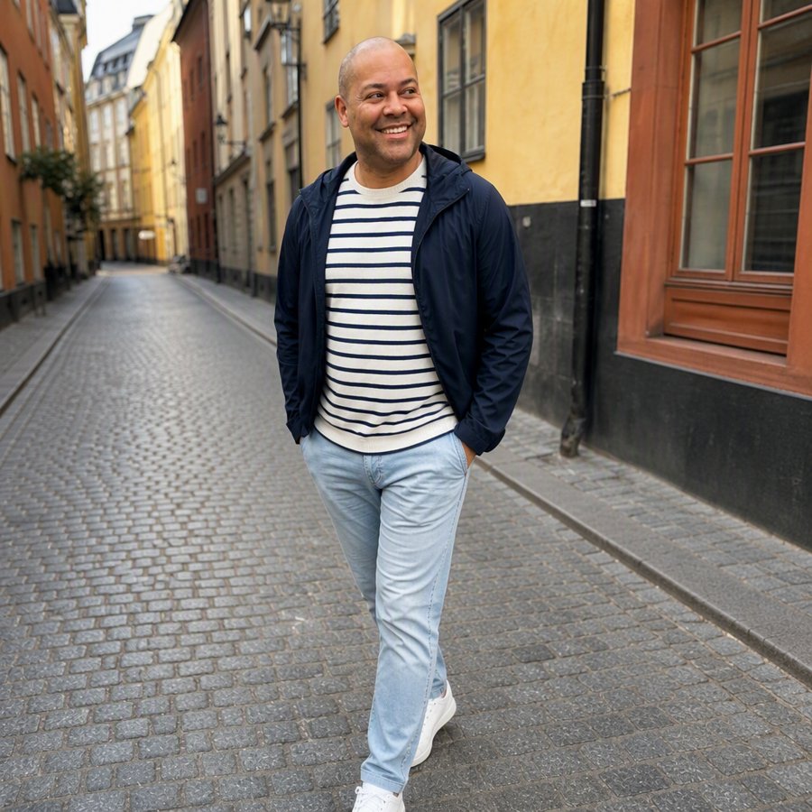 The striped tee is doing all the work here
