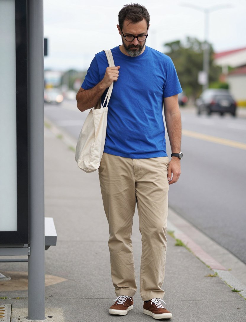 The blue tee trend is working harder than most fits
