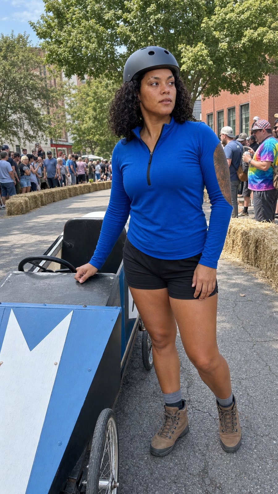 quarter zip and hiking boots for a soapbox derby?