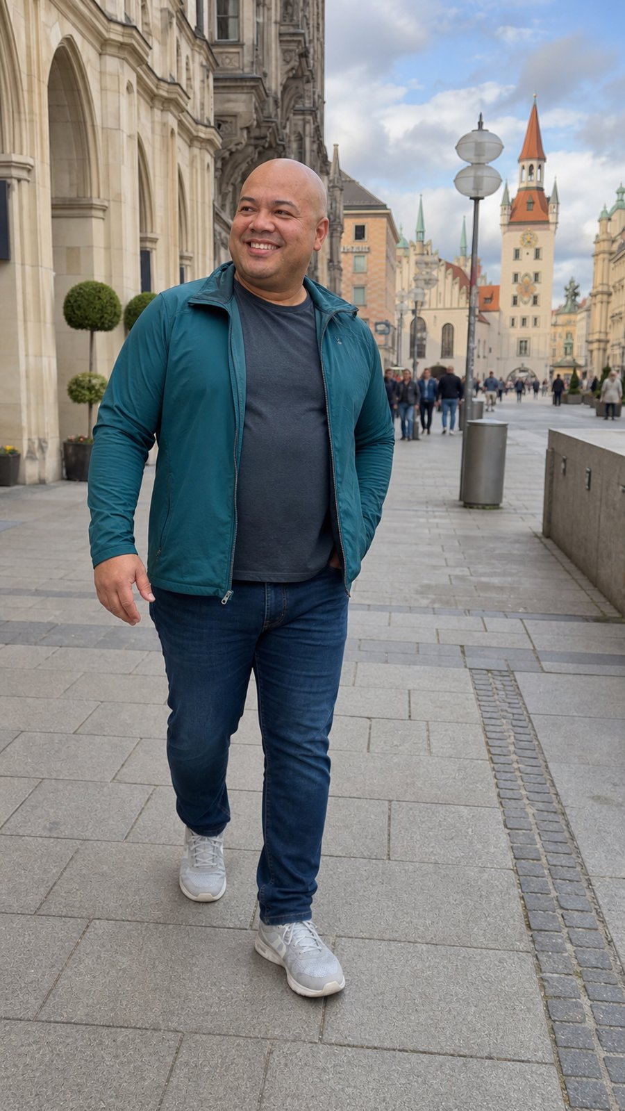 Teal windbreaker is doing all the heavy lifting here. Grey tee is basic.
