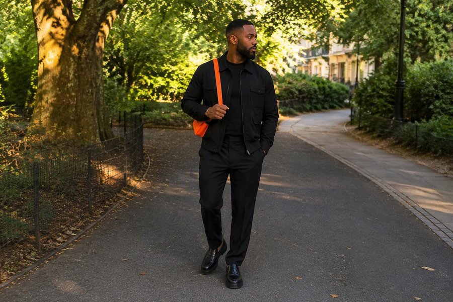I like how the orange bag breaks up the black.