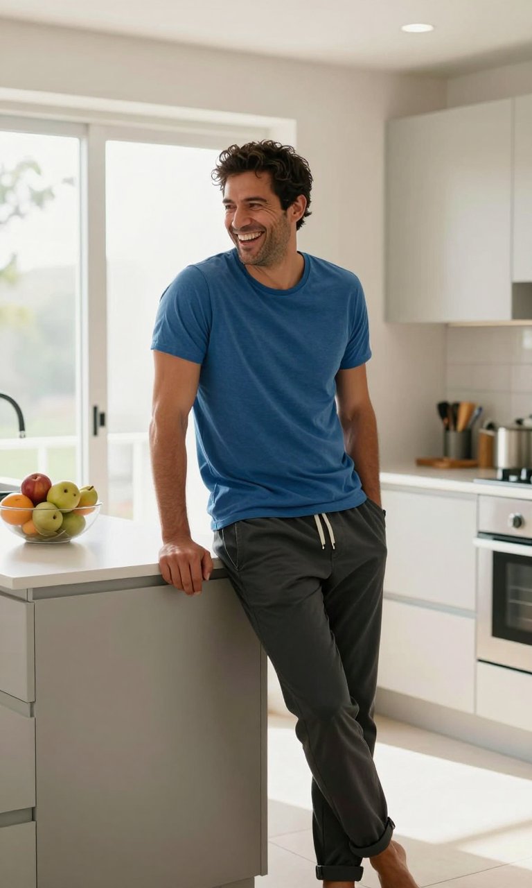 blue tee looks so fresh against that counter