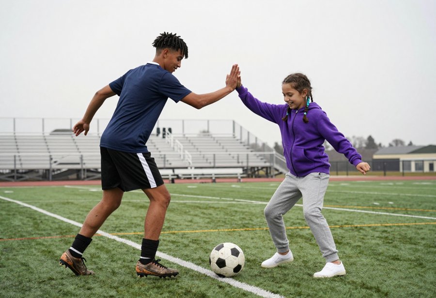 Purple hoodie and grey sweats: The ultimate soccer practice fit.