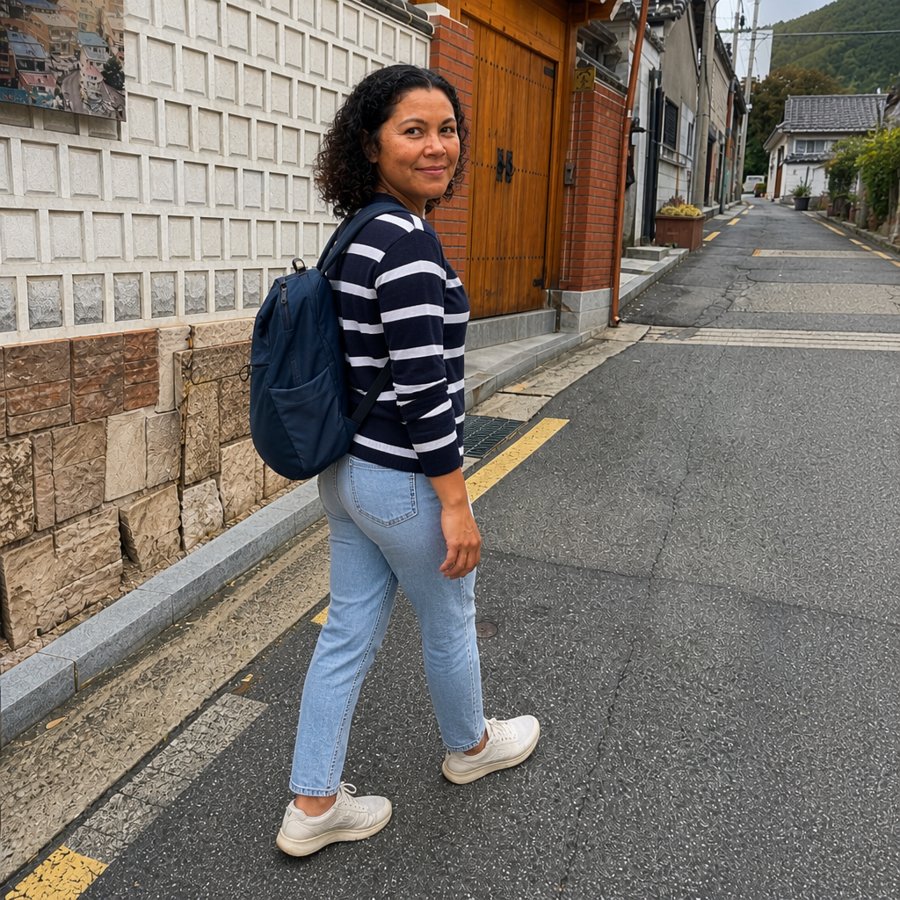 the navy backpack actually pulls the whole striped shirt together