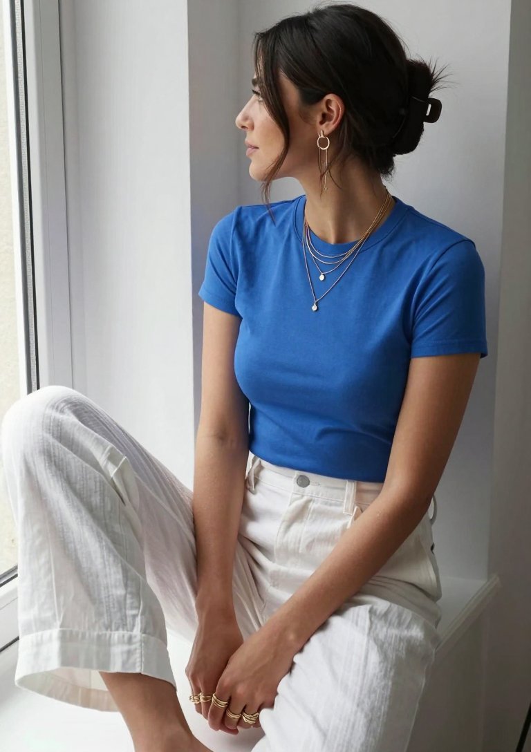 blue tee pops against white pants so perfectly