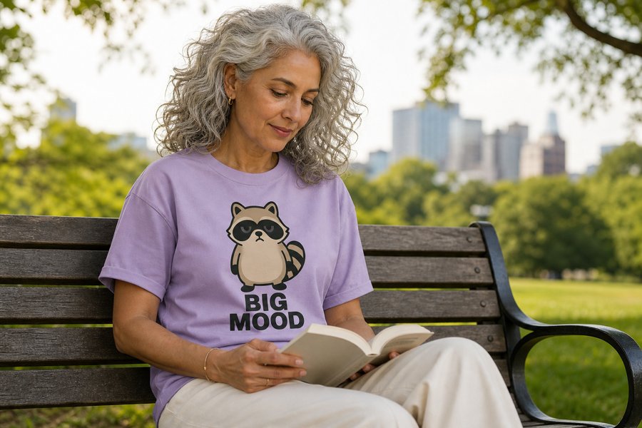 This lavender tee makes the big mood jimothy graphic pop perfectly.