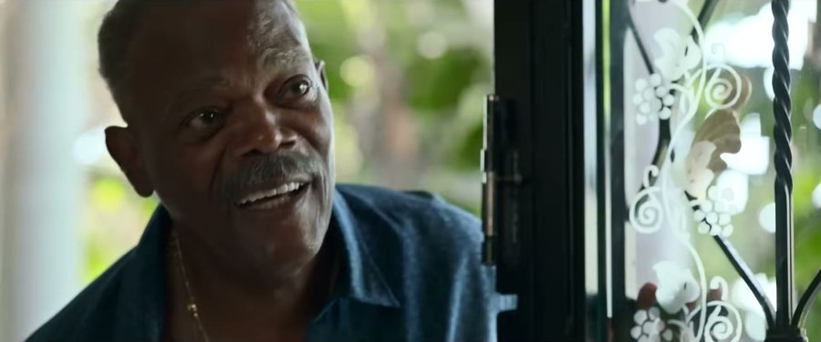 Samuel L. Jackson in Just Play Dead — that camp collar is carrying the whole look