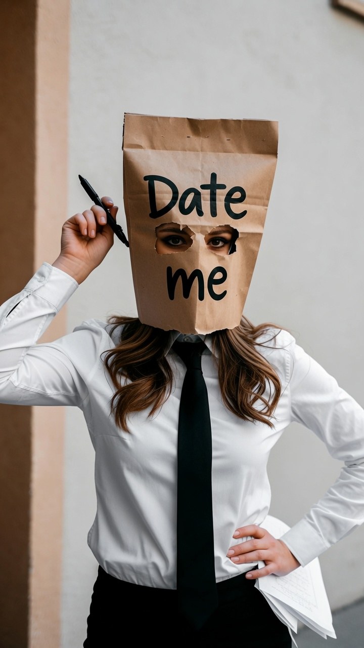 date me paper bag costume, a comedy and a cry for help