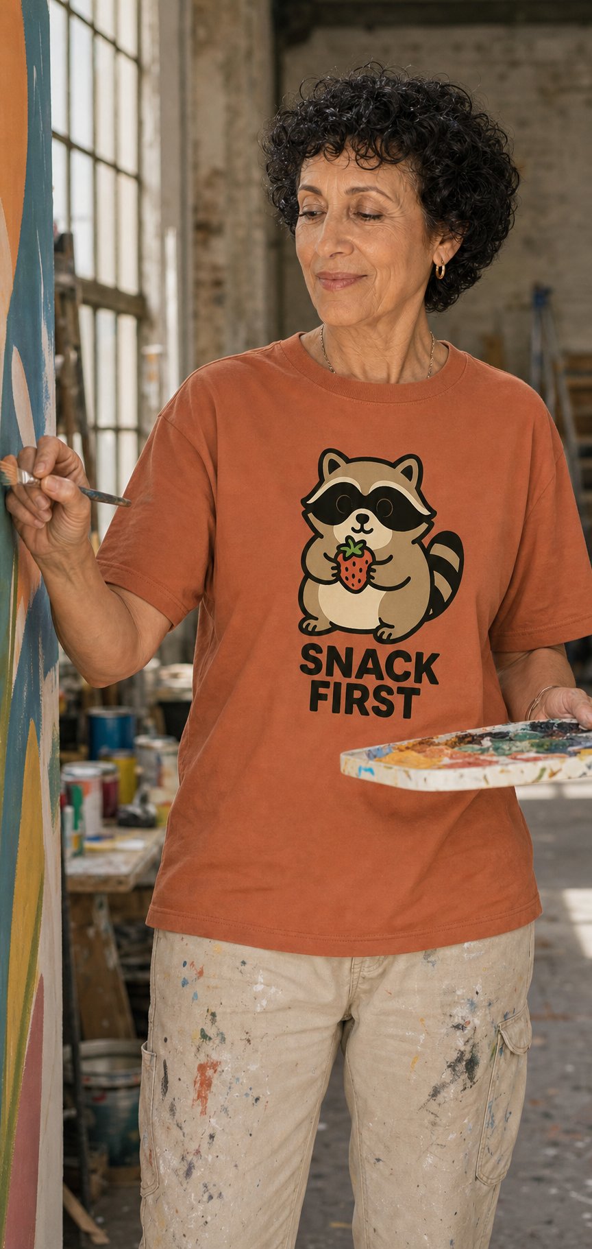 Taking this Jimothy graphic tee with the SNACK FIRST slogan for a late-night diner run.