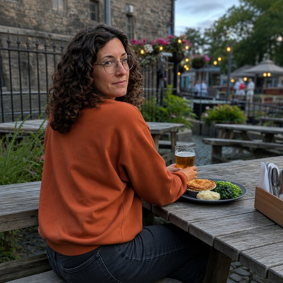 orange sweater is the main character here, which suits the evening.