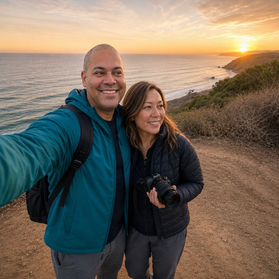 Teal fleece keeps it simple; view gets all the credit.