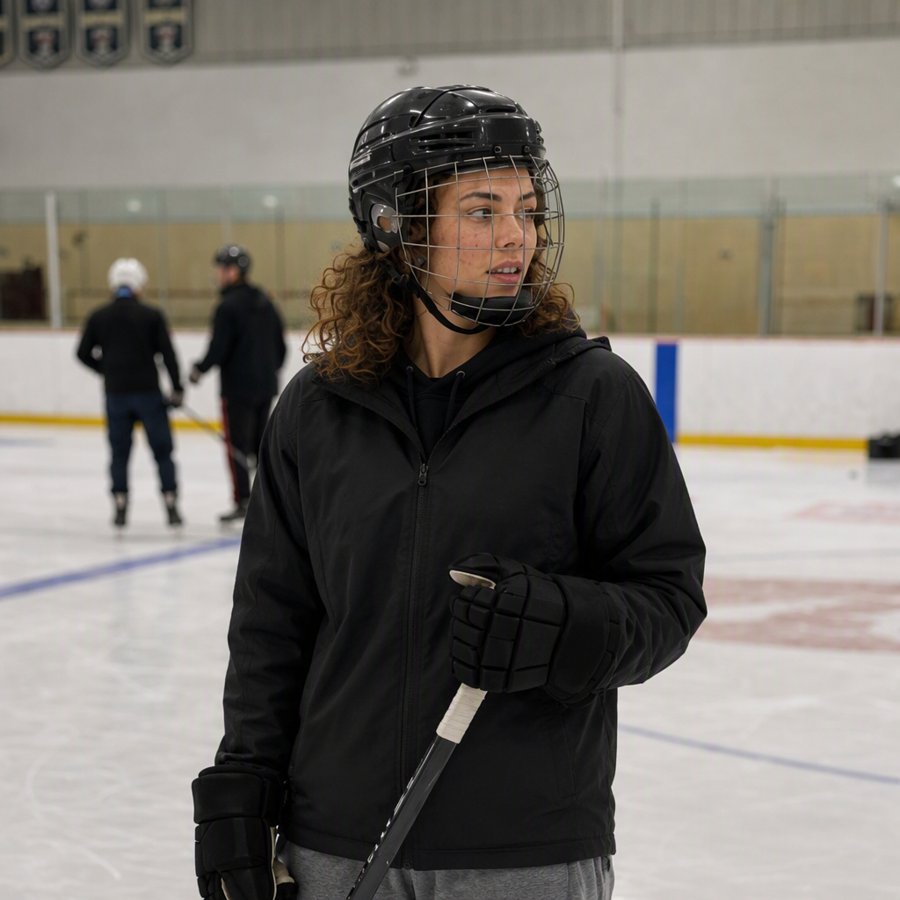 grey sweats grounding the dark helmet and jacket