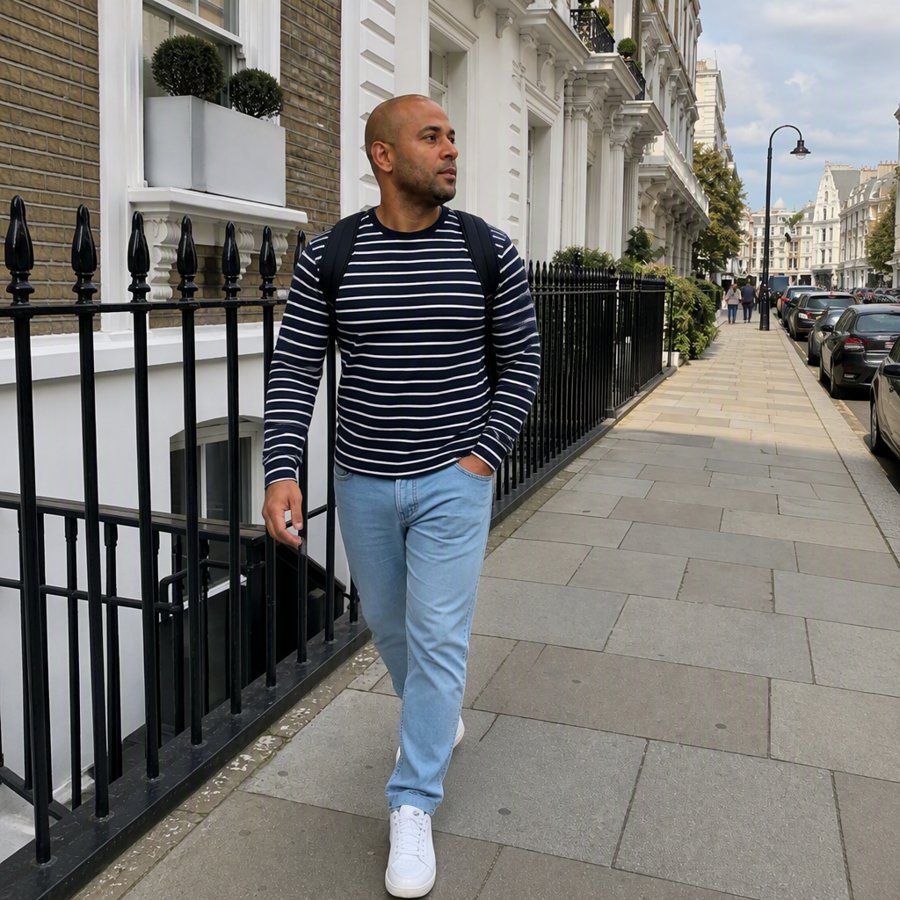 navy stripes anchoring the light wash denim perfectly