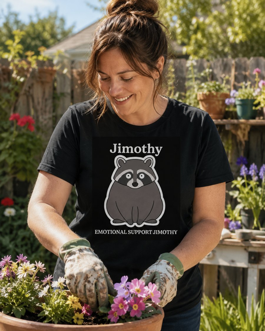 Black fabric makes Jimothy and the EMOTIONAL SUPPORT JIMOTHY text stand out.
