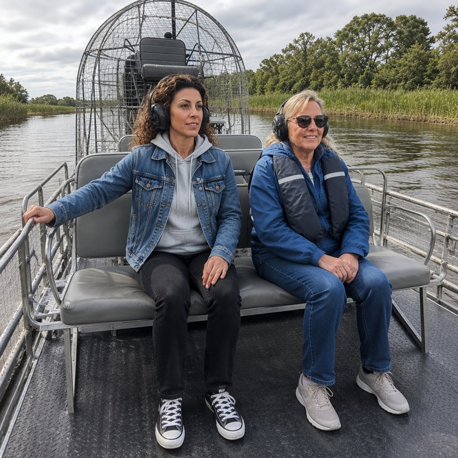 grey hoodie under denim jacket = airboat uniform?