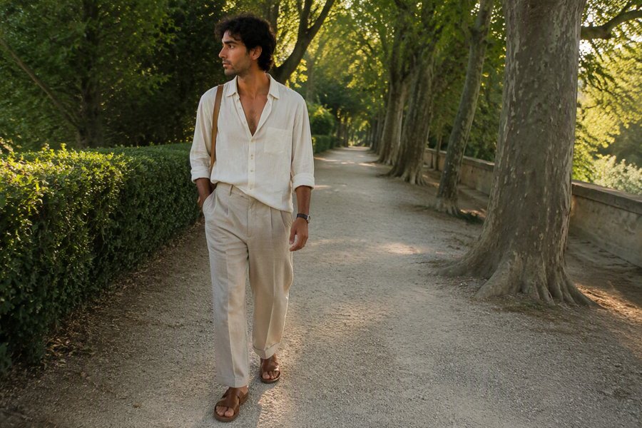 crisp linen vs rugged gravel path = texture