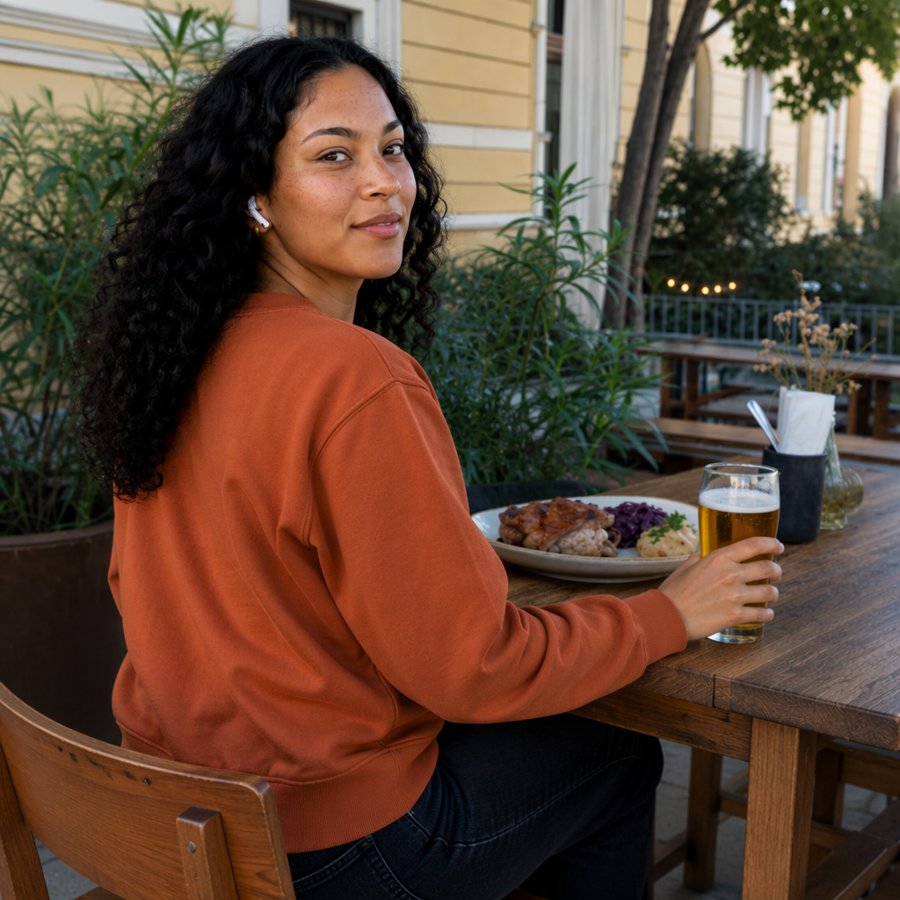 that rust sweater is literally glowing in this light