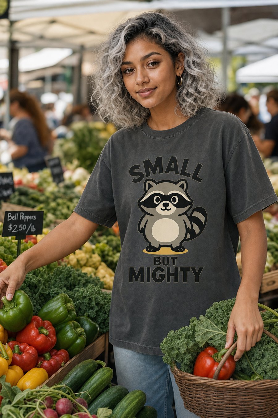 Jimothy’s 'SMALL BUT MIGHTY' tee is literally saving my farmers market trip.