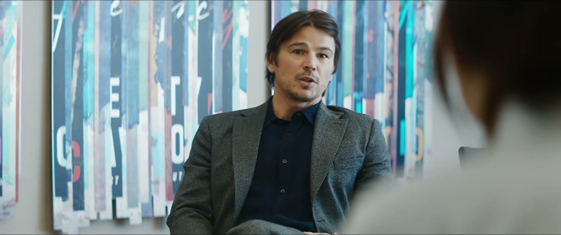Josh Hartnett in Verity — the texture on that grey jacket is everything