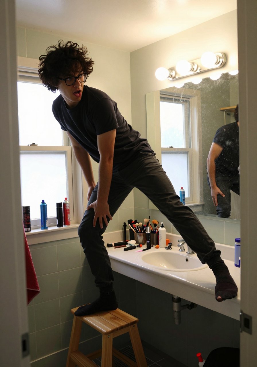 standing on a sink like it's a stage