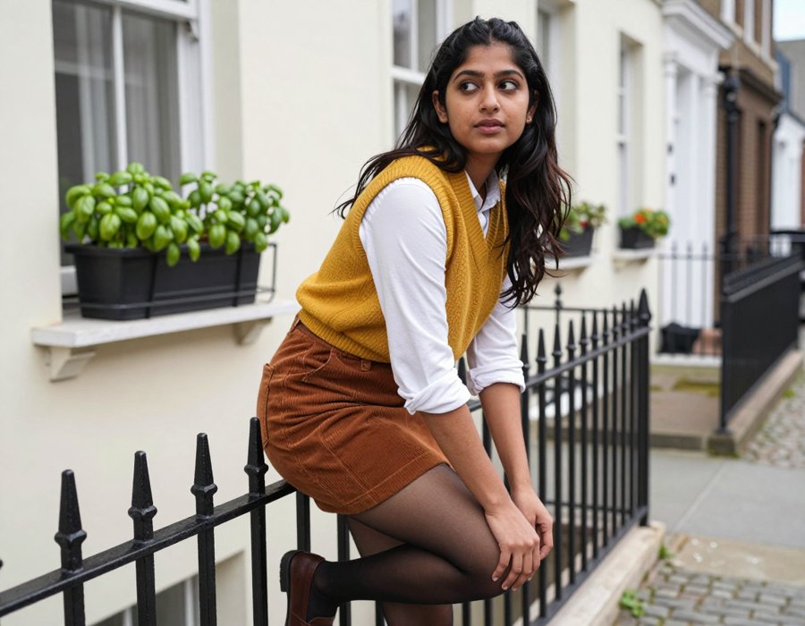 That mustard vest pairing is giving major 90s academic vibes.
