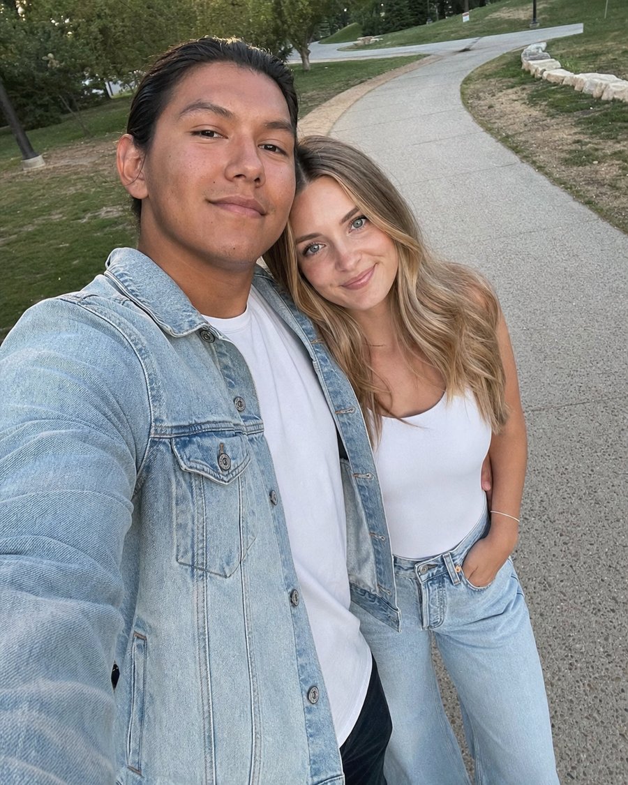 her flared jeans mirror his jacket perfectly